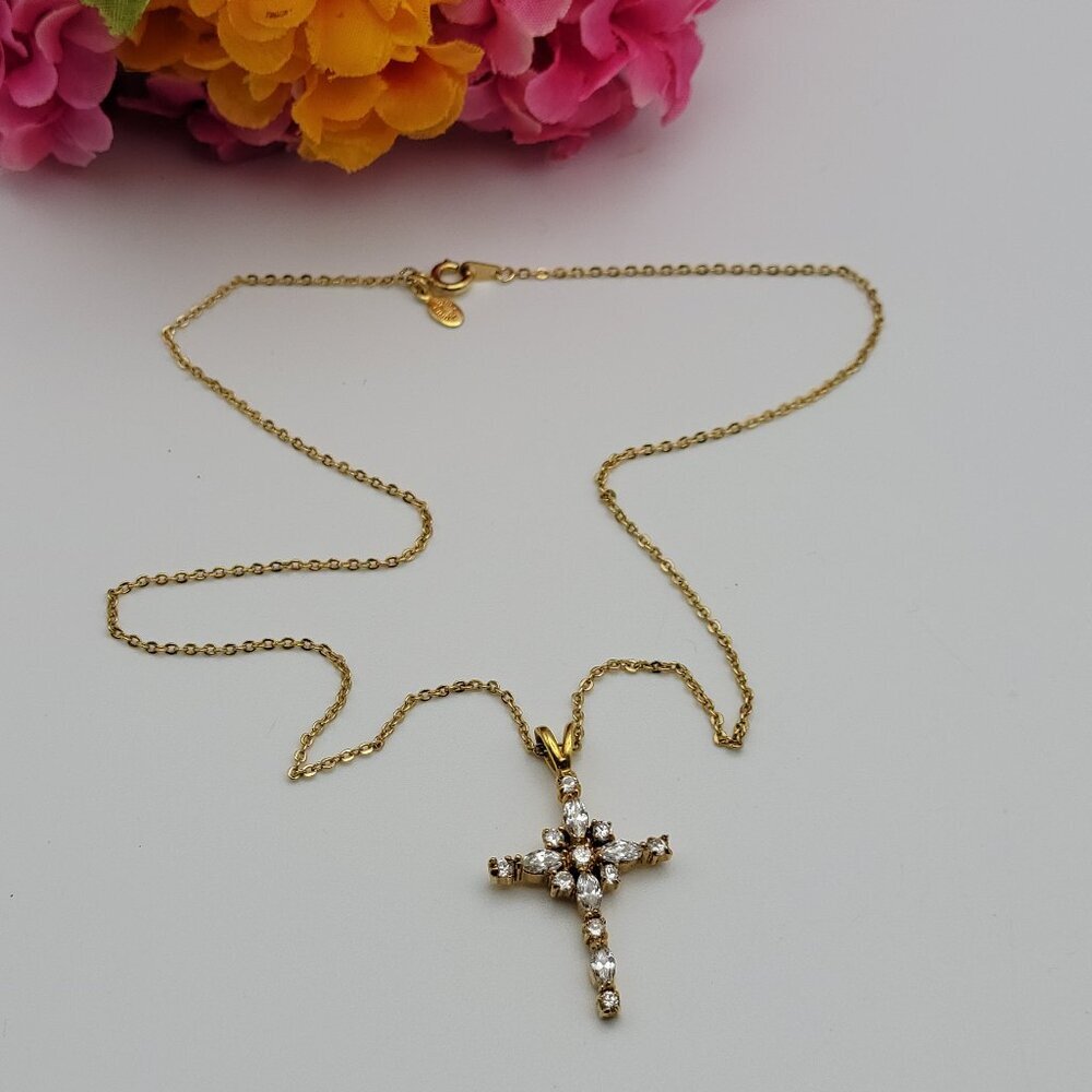 Vintage LIND 14K Yellow Gold GE Crystal Cross Necklace 17.5"